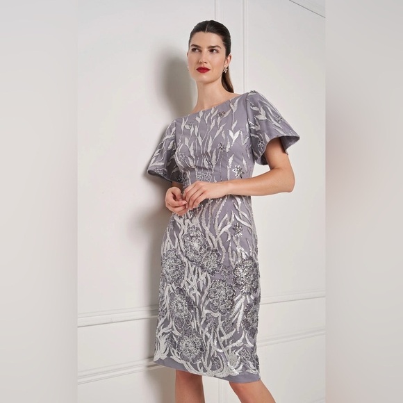 New JS Collections Lyra Sequin Embroidered Silver Flutter Sleeve Midi Dress 0 - Picture 1 of 15